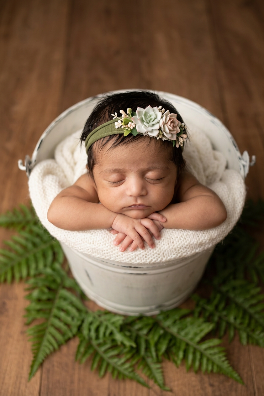 Newborn in rustic bucket setup