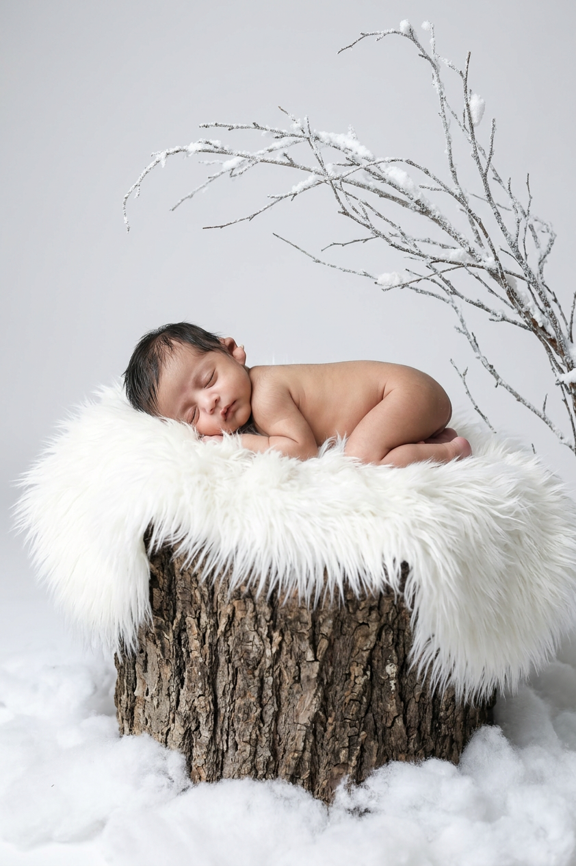 Winter themed newborn on tree stump