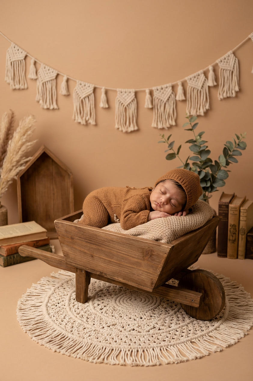 Boho wheelbarrow newborn setup