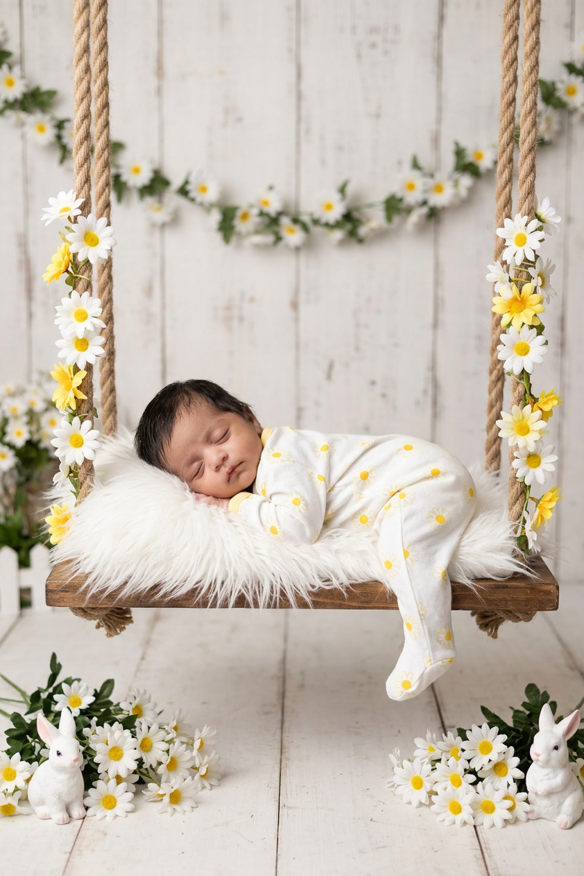 Newborn on daisy swing